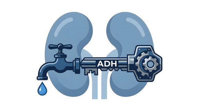 Conceptual vector illustration of antidiuretic hormone ADH regulating water balance in kidneys.