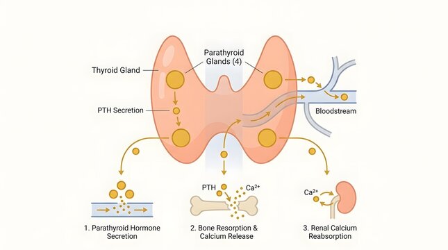 Medical diagram illustrating parathyroid hormone secretion, calcium regulation, thyroid gland anatomy, and bone resorption processes.