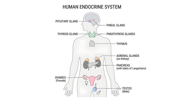 Medical diagram of the human endocrine system showing major glands and organs vector illustration.