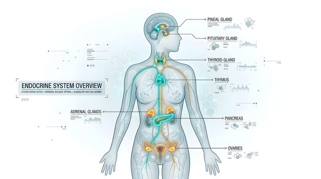 Medical illustration showing the human endocrine system overview with labeled major glands and organs.
