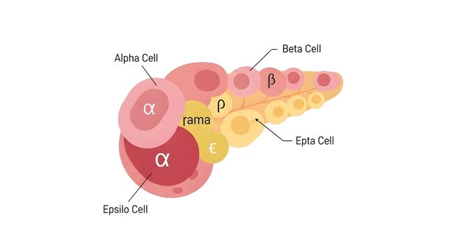Scientific medical vector illustration showing different types of pancreatic cells including alpha beta and epsilon cells.