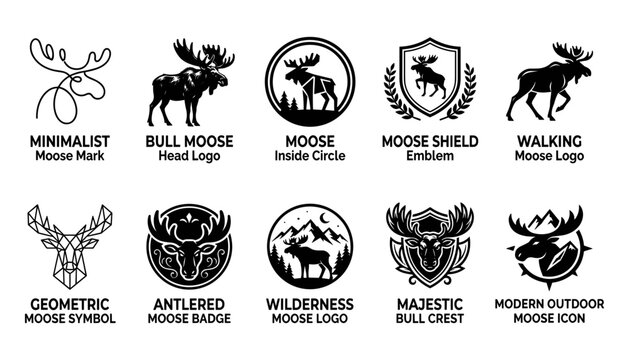 Moose Shield Logo Emblem Set with Antlered Head and Walking Moose Illustrations