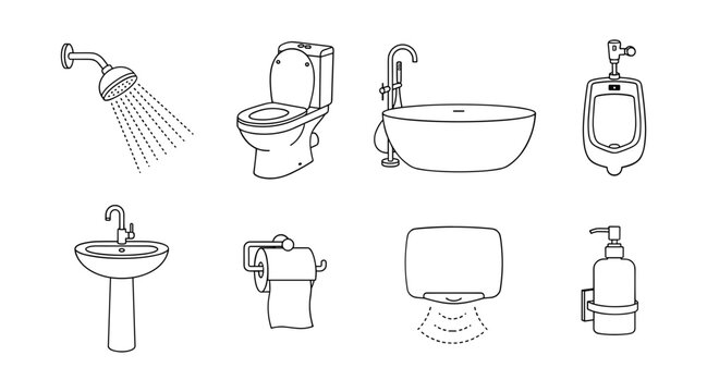 Bathroom and Public Restroom Sanitary Ware Icon Set with Shower Toilet Bathtub Sink Urinal and Soap Dispenser Symbols for Interior and Plumbing Designs