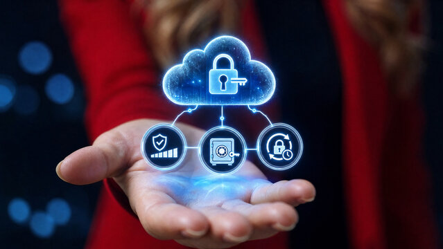 Digital cloud security concept, a hand holding a luminous cloud icon with a padlock and connection to various security icons, representing data protection and online safety