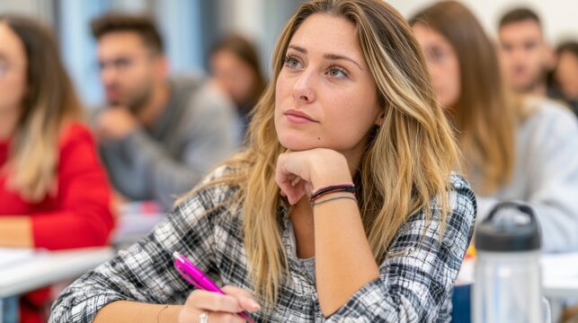 Young woman in classroom setting, contemplating ideas during lecture, writing notes, with diverse classmates engaged in education, focused learning atmosphere
