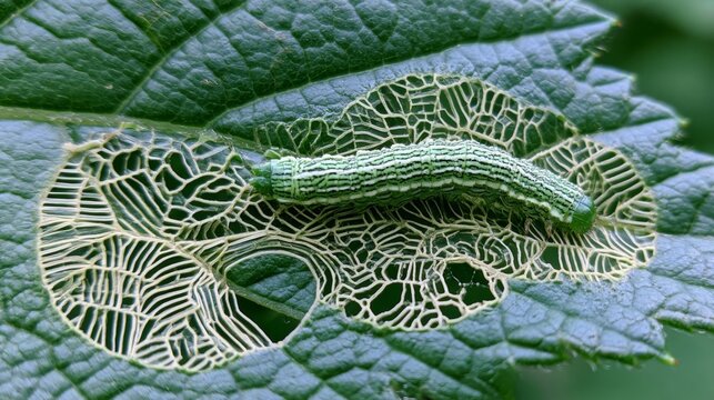 Close-up of a Green Caterpillar on a Leaf Showing Intricate Leaf Mining Patterns and Natural Leaf Damage from Insect Activity