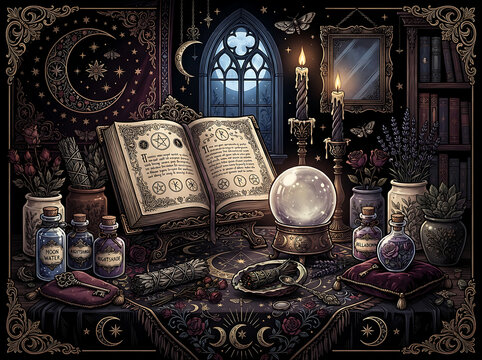 Mystical witchs table with crystal ball spellbook and candles in a dark room