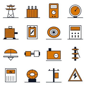 Electrical Power Grid Icons
Row 1: Pylon tower, transformer, multimeter, gauge.
Row 2: Electric motor, breaker, cable reel, panel.
Row 3: Helmet, HV plug, generator, fuse.
Row 4: Inverter, current sen