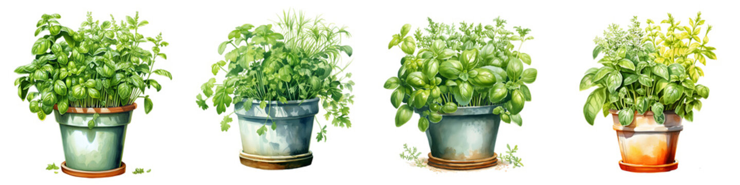 Various herbs displayed in pots against a black background in a watercolor illustration style