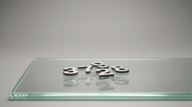 Three dimensional metal numbers scattered on a reflective glass surface with calculation, reflective