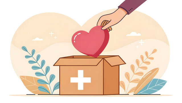 Hand placing heart into donation box, charity and volunteer concept vector illustration.