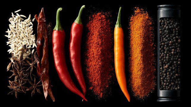 Vibrant Collection of Spices and Ingredients Displayed on a Black Background for Culinary and Food Photography Needs