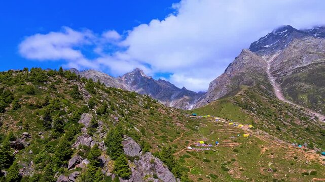 Aerial Drone View of Ganesh Park on the Kinner Kailash Trek Surrounded by Rugged Himalayan Mountains