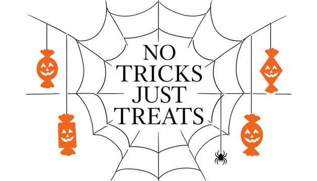 No tricks just treats halloween vector graphic featuring spider web and pumpkins halloween spiderweb pumpkins celebration illustration seasonal typography decoration invitation