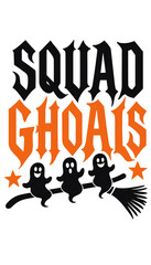 Naklejka premium Squad ghoals halloween vector graphic with black ghosts riding a witch broom and orange stars halloween illustration seasonal decoration cheerful friendly childish celebration greeting