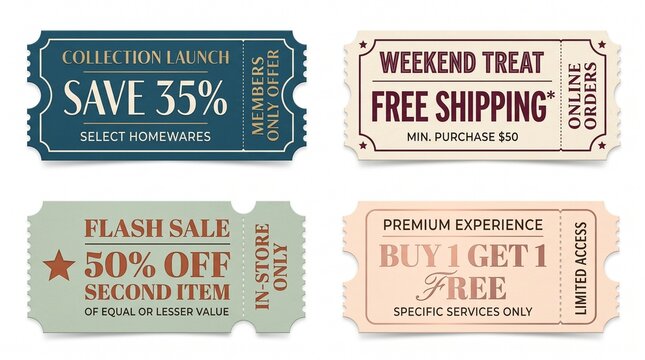 Set of vintage style promotional discount tickets with sale offers on white background