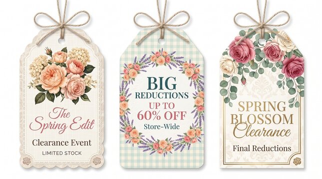 Set of three decorative floral spring sale tags with discount text on white background