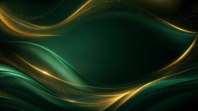 Luxury Green And Gold Abstract Background With Elegant Flowing Waves Glowing Lines And Glitter Particles