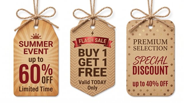 Set of three hanging kraft paper sale tags with promotional discount text on white