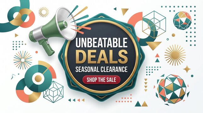 Unbeatable Deals Seasonal Clearance Sale Banner with Megaphone and Geometric Elements