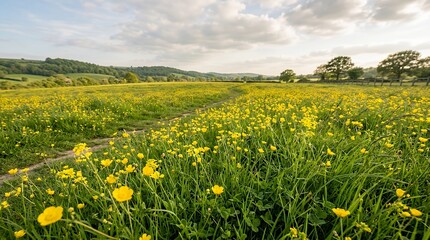 Fototapeta premium Vibrant field filled with blooming yellow wild flowers and green grass under soft natural light dandelion meadow field grass yellow flower bloom green nature spring summer background texture bright