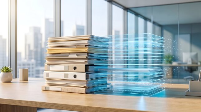 Paperless office transition displaying tall stack of physical folders converting into glowing digital data files