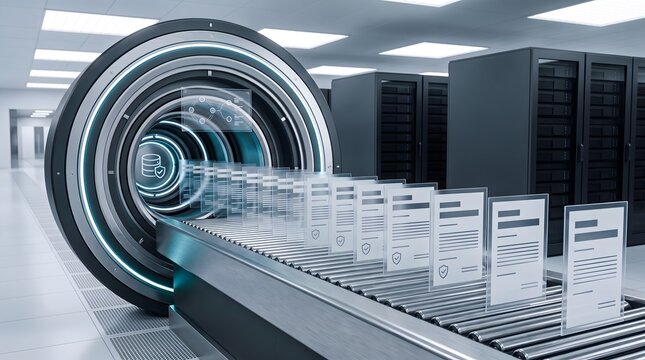 Enterprise data archiving showing physical documents feeding into glowing digital scanner machine in server room