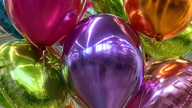 Colorful balloons in various shades create a vibrant festive atmosphere suitable for celebrations, parties, and special events captured in close-up detail.