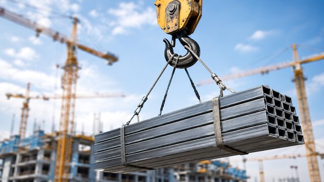 Steel beams lifted by crane with blurred construction background, representing heavy lifting, structural engineering, building development, construction materials and industrial work.