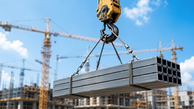 Construction crane lifting structural steel with blurred background, representing material handling, engineering, infrastructure, building industry and heavy equipment operations.