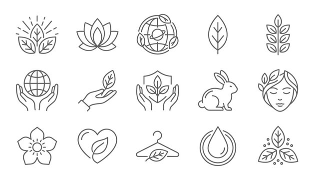 eco friendly and organic line icon set featuring natural leaves lotus cruelty free rabbit planet care and eco clothing symbols