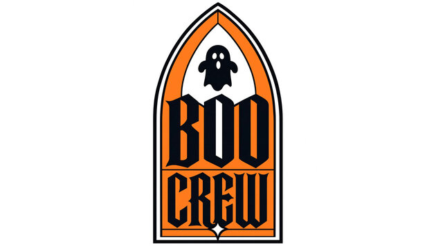 Boo crew halloween spooky gothic arch window vector illustration with cute ghost design halloween illustration celebration typography lettering decoration seasonal greeting template