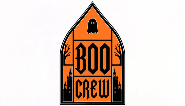 Boo crew halloween gothic arch window illustration featuring spooky ghost castles and trees halloween illustration celebration typography lettering decoration seasonal greeting