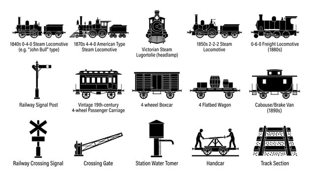 Vintage Steam Locomotive and Retro Railway Silhouette Icon Set with Passenger Carriages Freight Boxcars Signals Tracks and Historic Train Stations for Transportation History Graphics
