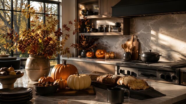 Autumnal kitchen scene features pumpkins bread and fall foliage in warm light