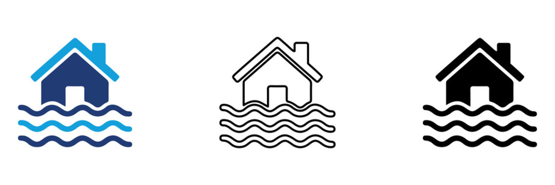Multicolor Flooded House Icon Set with Filled and Outline Styles for Flood Risk Water Damage Disaster Protection Insurance and Emergency Management Isolated on Transparent Background
