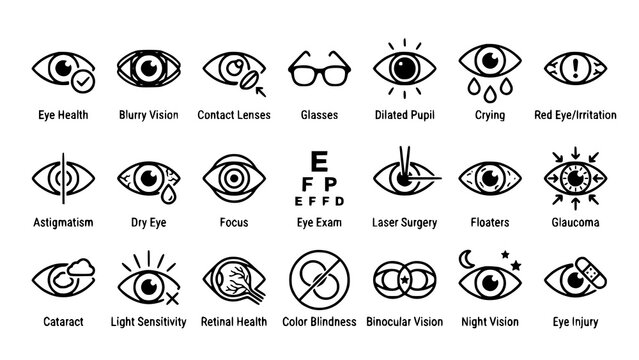 Various eye conditions and vision problems illustrated as simple black icons