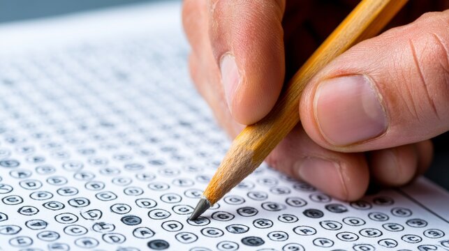 Hand Using Pencil to Shade Answers on Test Sheet with Multiple Choice Questions and Ovals for Student Evaluation and Assessment in Classroom Environment