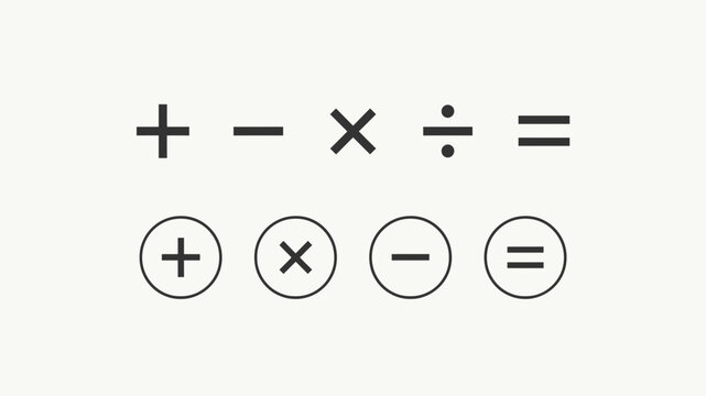 Mathematical symbols including addition subtraction multiplication division and equals signs are displayed on a white background addition subtraction