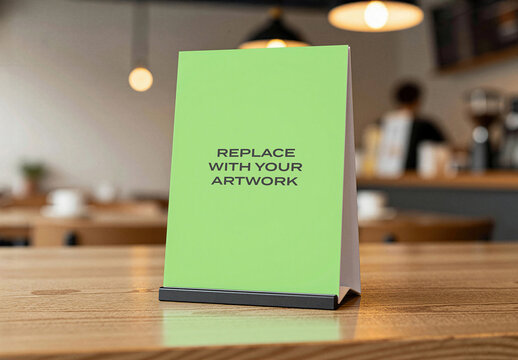 Vertical table tent sign mockup with placeholder text on a wooden in cafe interior, warm lighting, blurred background, realistic presentation for graphic design branding, advertising display