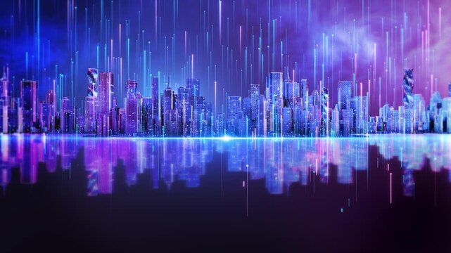 Vibrant neon city skyline data streams luminous reflections. smart cities, digital twins, cloud services, urban innovation, enterprise 19, connectivity future infrastructure data visualization