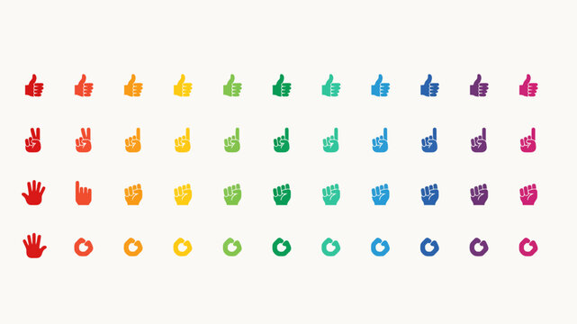 A collection of colorful hand gesture vector illustrations displaying thumbs up peace open palm and pointing signs hand gesture