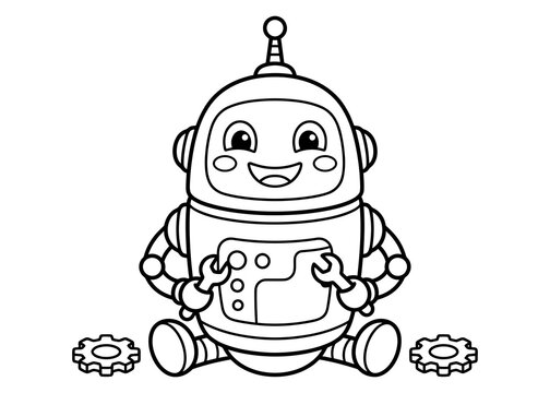 Cute robot sitting down holding wrench coloring page vector outline graphic with coloring, illustration.