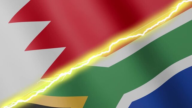 Two waving flags Bahrain and South Africa with diagonal lightning seamless, 4k loop