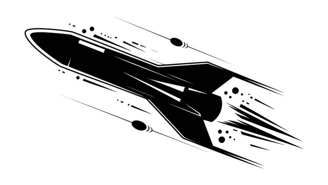 A sleek futuristic spaceship zooms through space leaving behind streaks of light and energy dashes in its trail