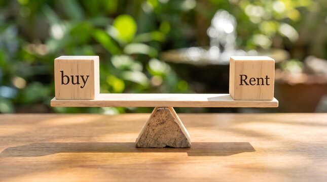 Wooden seesaw balancing two wooden blocks with words buy and rent against a blurred garden background, representing real estate decision concept.