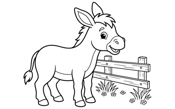 Cute cartoon donkey standing near wooden fence coloring page with coloring activity standing printable.