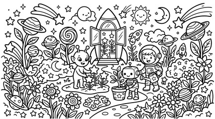 Fototapeta premium Cute space coloring page for kids with an astronaut, alien, and robot gardening in a whimsical cosmic landscape with planets, stars, and flowers