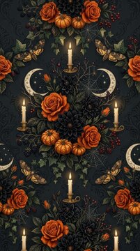 Gothic halloween seamless pattern with orange roses, black dahlias, glowing candles, crescent moons, and moths against a dark background