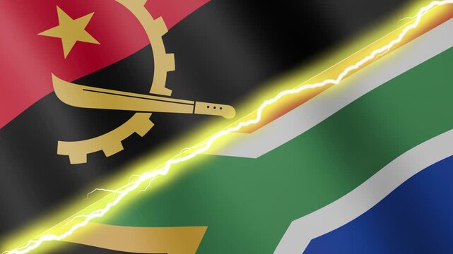Two waving flags Angola and South Africa with diagonal lightning seamless, 4k loop